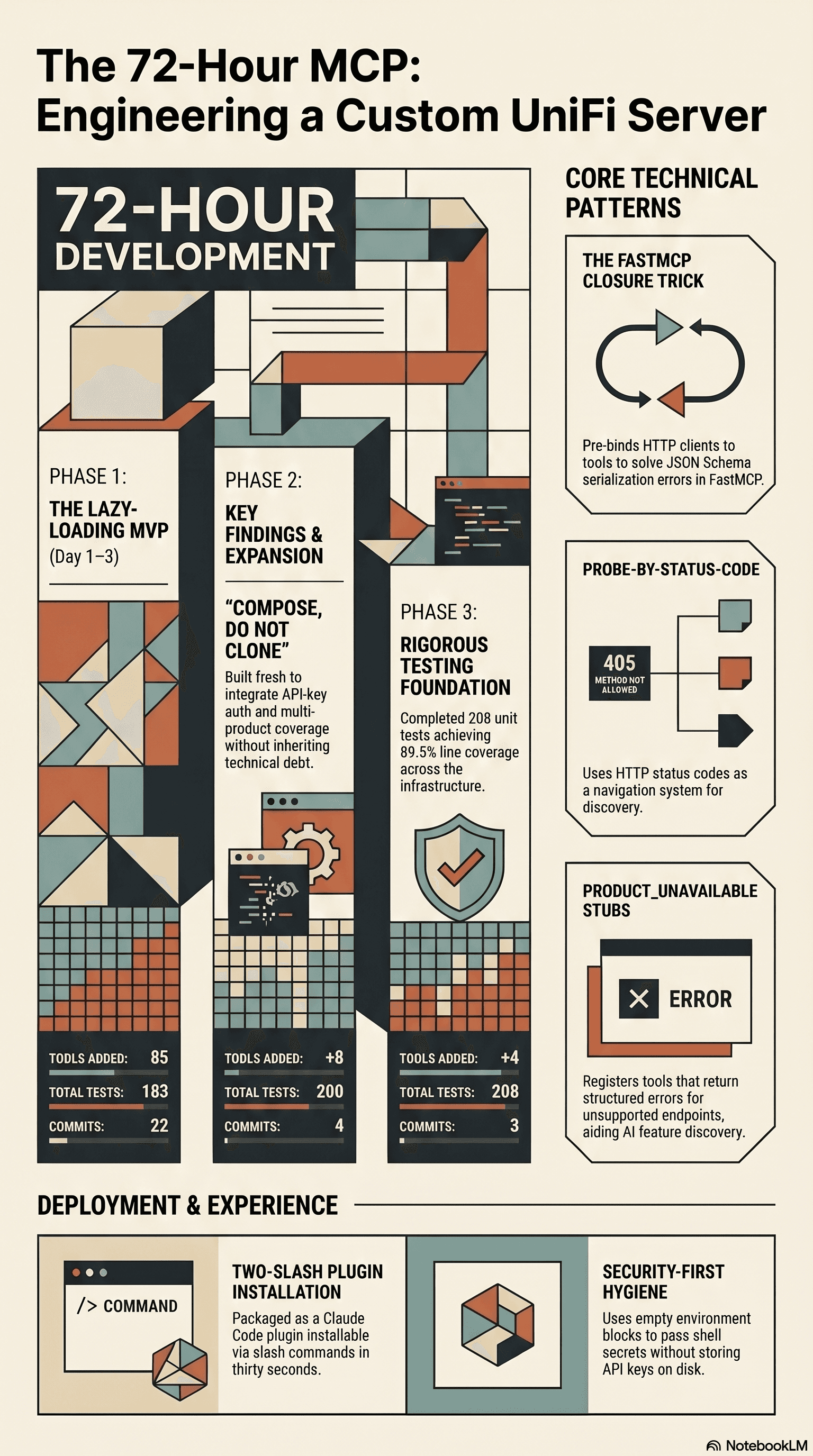 UniFi MCP infographic — 103 tools, 208 tests, three days